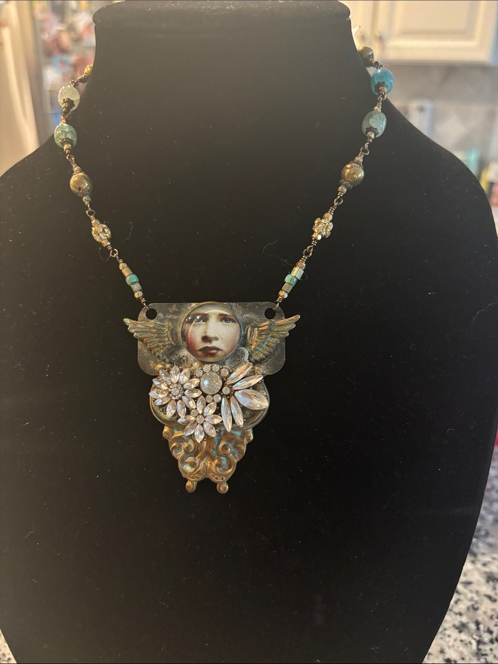 Artisan Turquoise and Gold Angel Pendant Necklace